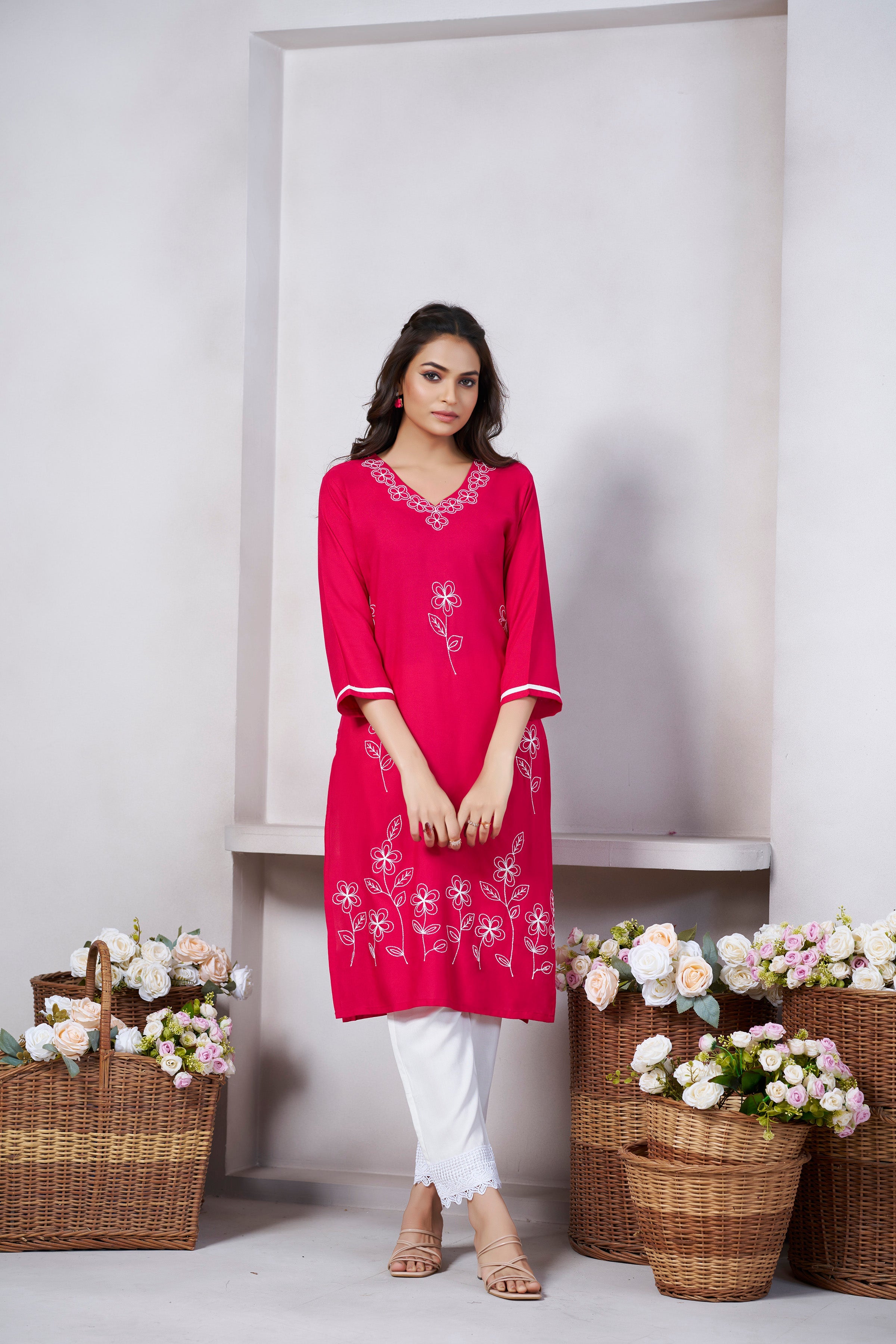 Pink Viscose Rayon Kurti with Thread Work and 3/4 Sleeves with Stylish Neckline